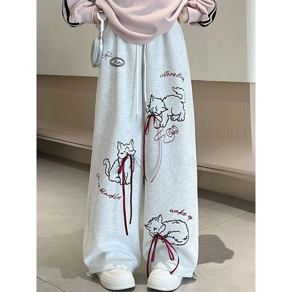 Cartoon Cat Print Wide Leg Pants Women High Waist Loose Preppy Female Casual Pants Y2K Sweet Bow All