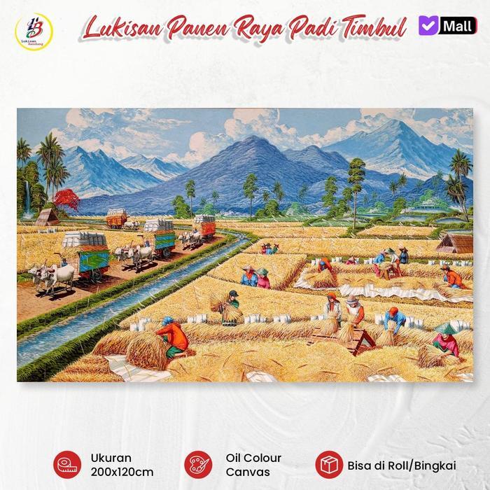 Lukisan Panen Padi 200x120 Lukisan Kanvas Besar Pemandangan Alam Pedesaan Tradisional