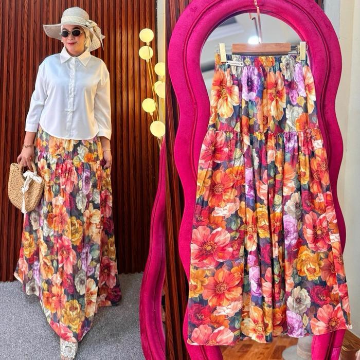 MUSLIFIX- Rok Motif Mewah Bunga/Rok Viral/Rok Rayon/Meidinanobul Wanita Panjang Katun