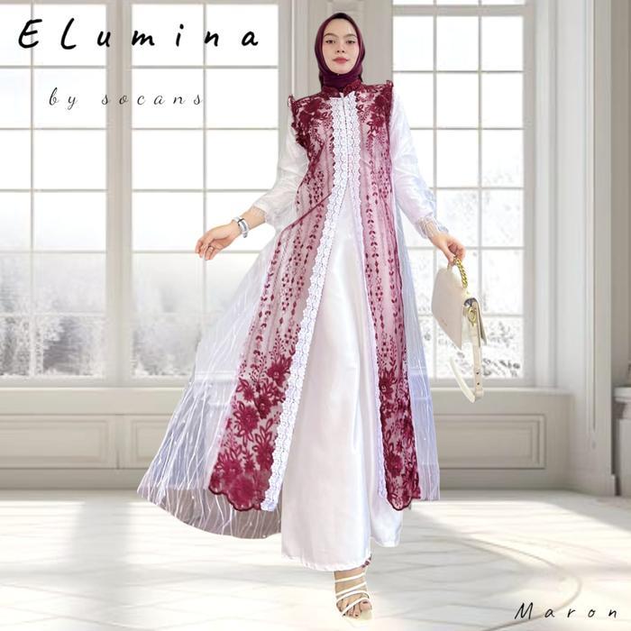 MUSLIFIX- Elumina One Set Gamis Outer Putih Panjang Tile Bordir Renda 2In1 Utk Raya Lebaran