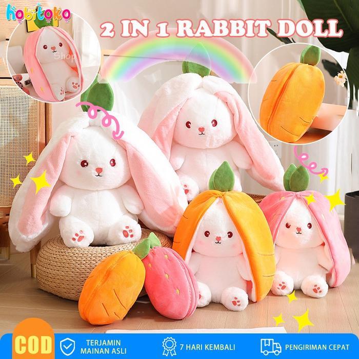 897p- Mainan Anak Boneka Kelinci Flip Strawbery Wortel Lucu Imut