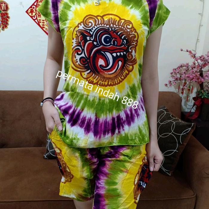 setelan wanita baju bali jumbo pelangi ld130 barong lukis celana pendek bahan tebal dan adem