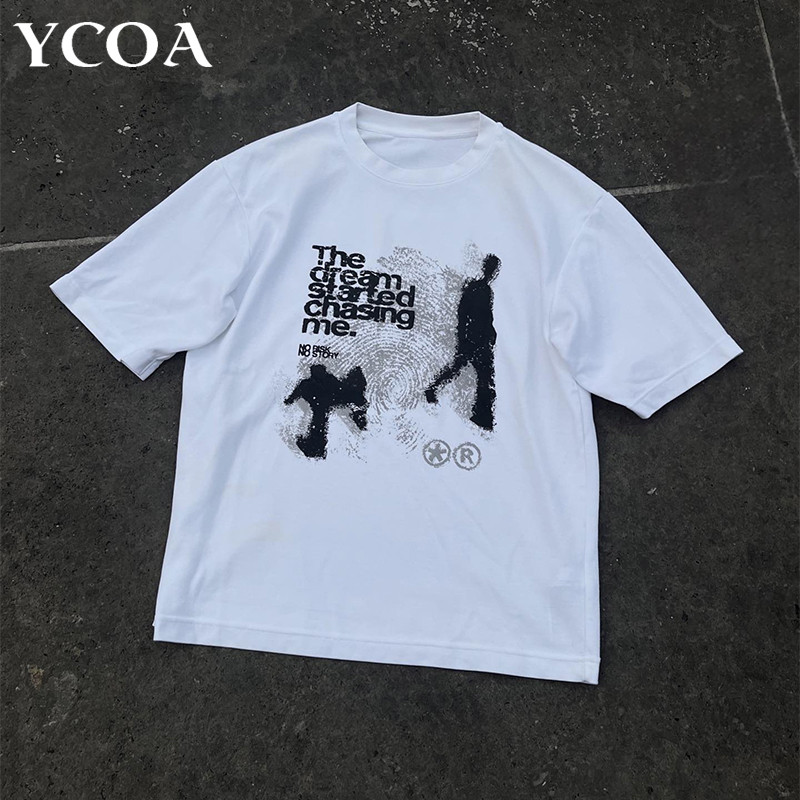 Men Tshirt Oversized Cotton Short Sleeve Shadow Print Y2k Top Tees Harajuku Streetwear Vintage