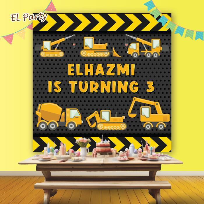 ASLI Banner Ulang Tahun EXCAVATOR BULDOZER FORKLIP Spanduk Ultah Kostum Karakter Background Backdrop