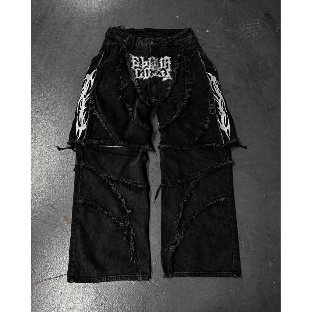 Elixir X Cozy Detachable Jeans Retro Punk Streetwear Ziipper Patchwork Stripe Denim Pants Men Black