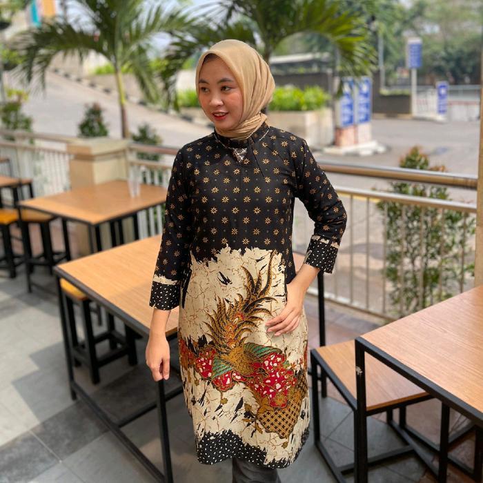RELIGBANGET- Tunik Batik Motif Kaswari Bahan Katun Model Resleting Belakang Kain Kombinasi Hitam (