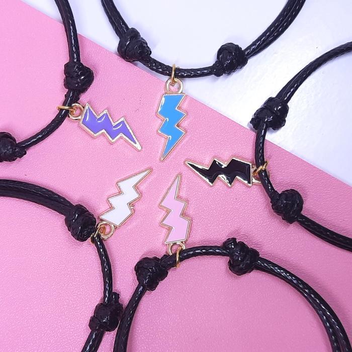 Gelang Couple Sahabat 3 Orang Liontin Petir Simple Tali Korea Hitam Polos Murah