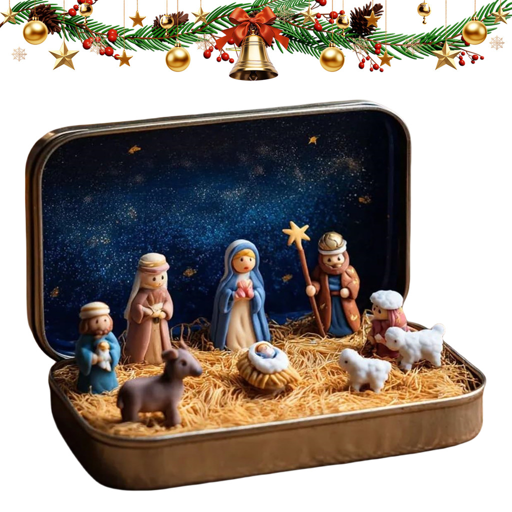 Pocket Christmas Nativity Scene In A Tin Box With Detailed Figurines Handcrafted Christmas Scene For
