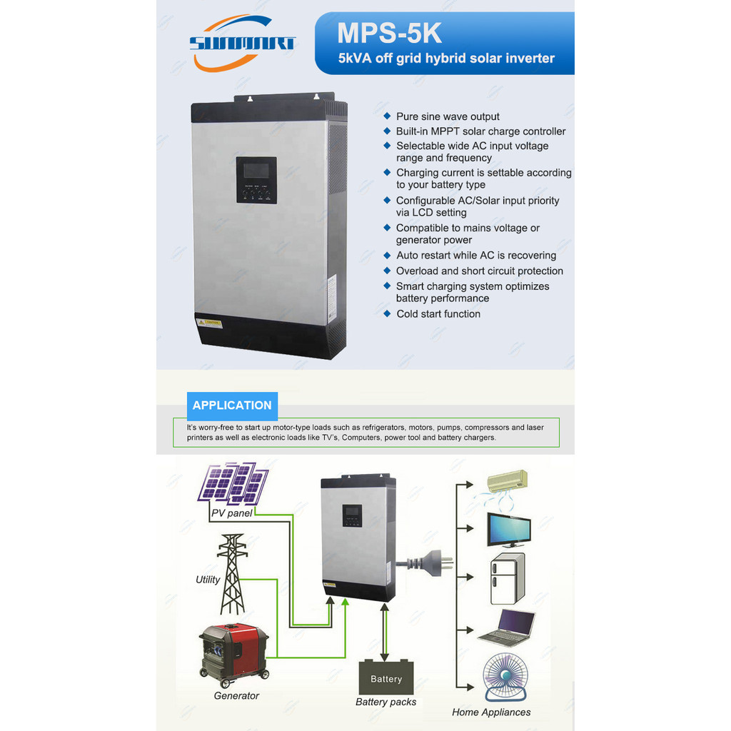 - Off Grid Off Grid Hybrid Mppt Solar Inverter 5Kva/80A Mppt 5Kw 48V Off Grid Pure Sine Wave 5000W