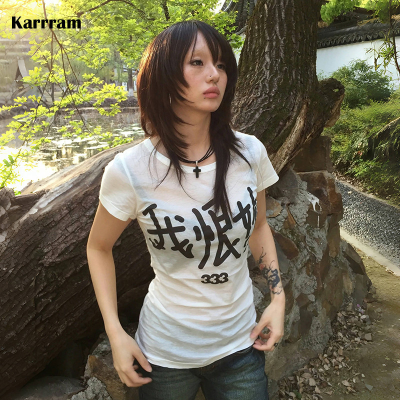 Karrram Japanese Y2K Print T-Shirt Trashy 2000S Style Sleeve Tee Shirt Grunge Aesthetics White Top