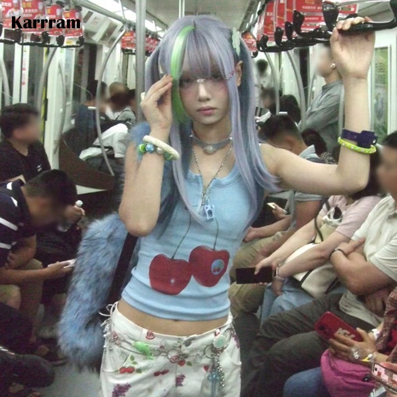 Karrram Japanese Y2K Tank Top Vintage Harajuku Ribbbed Top Trashy 2000S Zipper Tanktop Grunge