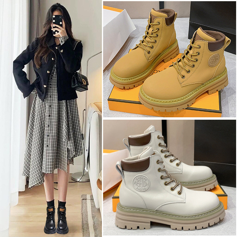 Sepatu Boots Martin Wanita Kulit Asli Platform Tinggi Tambah Tinggi Badan Desain Bulat Tali Warna Ku