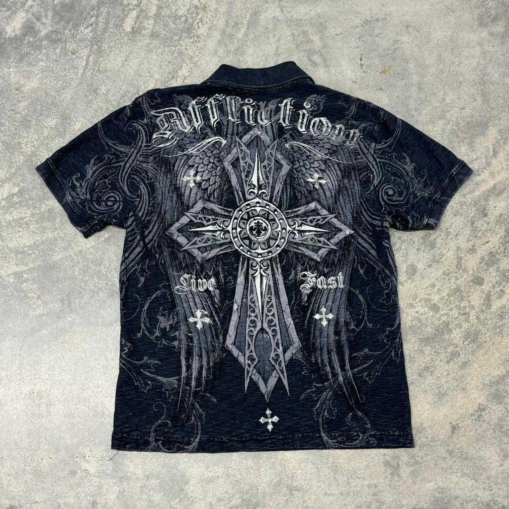 Affliction New Men Polo Shirt Skull Graphic Harajuku Round Neck Oversized T Shirt Sleeve To Gothic