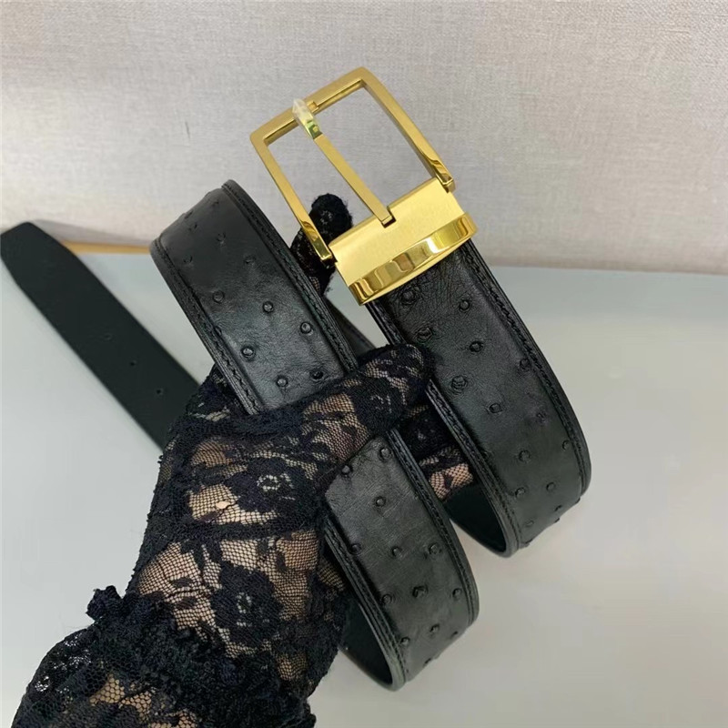 Authentic Real Ostrich Skin Stainless Steel Pin Buckle Businessmen Classic Black Waist Strap Exotic
