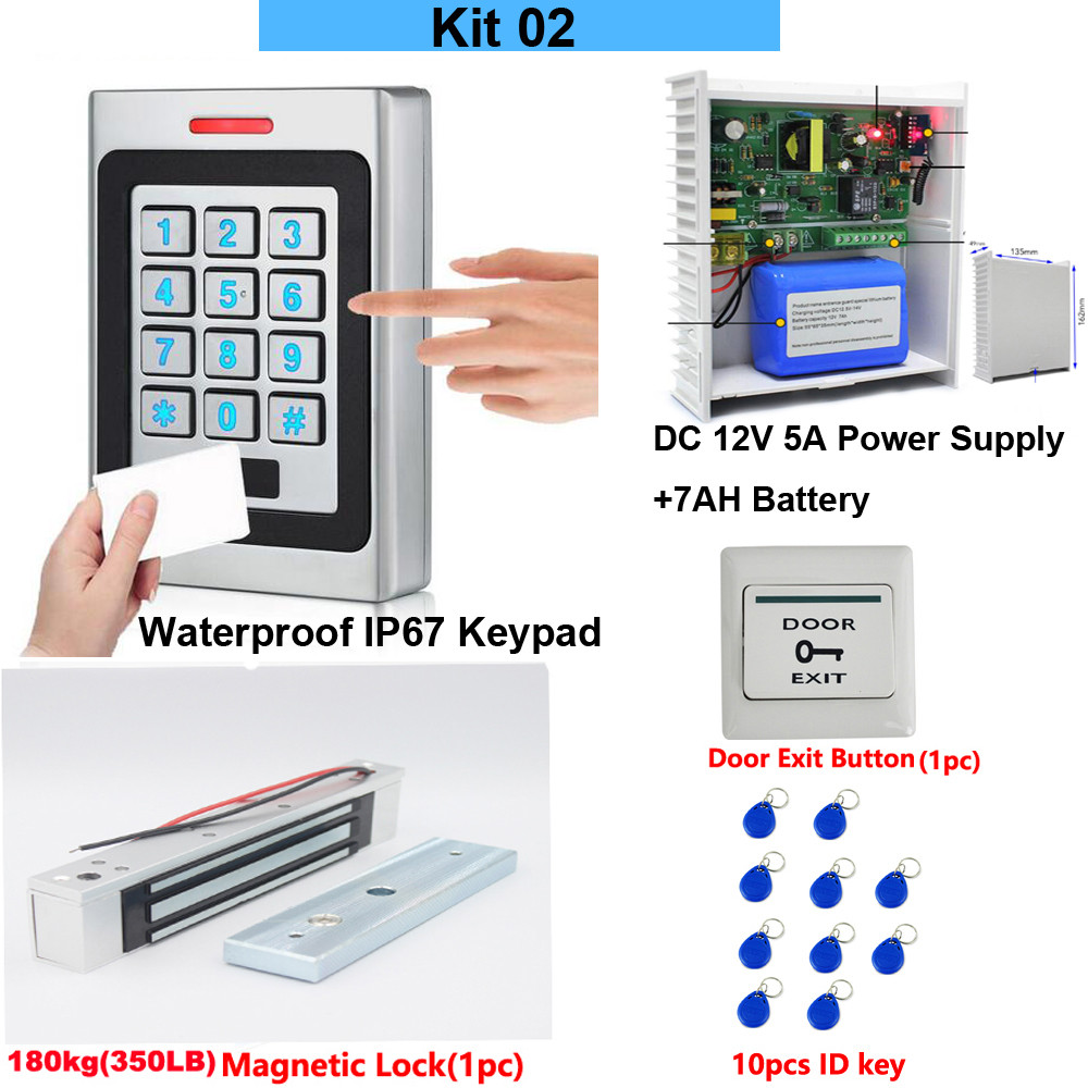Waterproof RFID Card Keypad Access Control System Kit - DC12V 5A Power Supply Backup Battery & 180kg