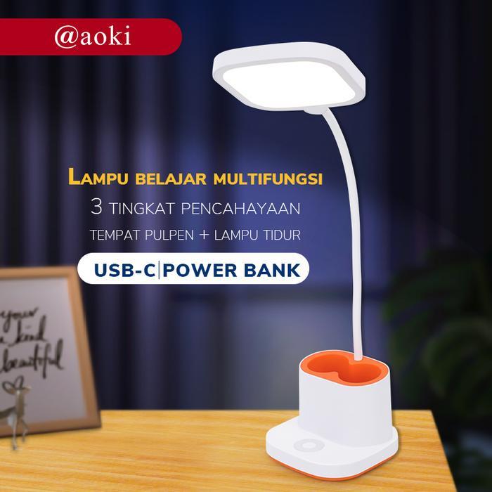 AOKI Lampu belajar premium USB-C power bank tempat pulpen super terang lampu tidur warna macaron
