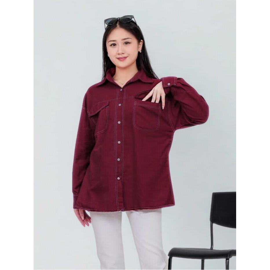 Promo Aloha 2103 - Keyla Linen List Overshirt Kemeja Linen Oversize Wanita Crinkle Denim Blue Model