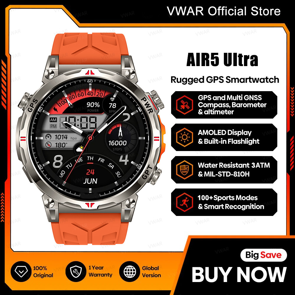 2025 New Vwar Air5 Ultra Gps Smartwatch 1.56" Amoled Screen Compass Barometric Altimeter Voice