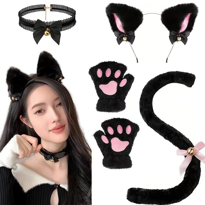 Cat Ears Hairband Cat Claw Gloves Cat Tail Accessories Set Halloween Costume Cat Cosplay Pro