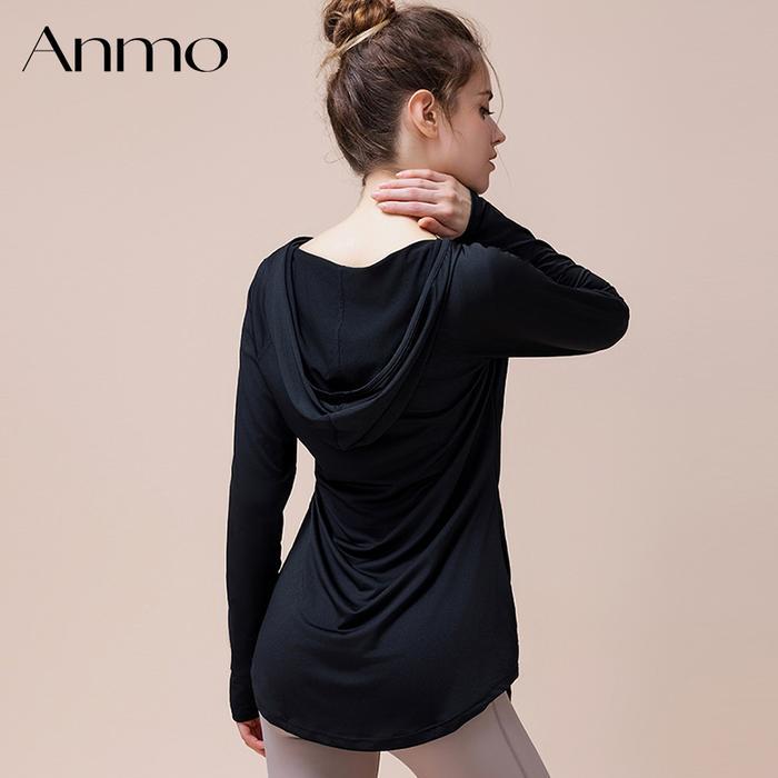 r9dz- Anmo-Hoodie Lengan Panjang Baju Fitness Longgar Yang Membuat Terlihat Langsing, Atasan