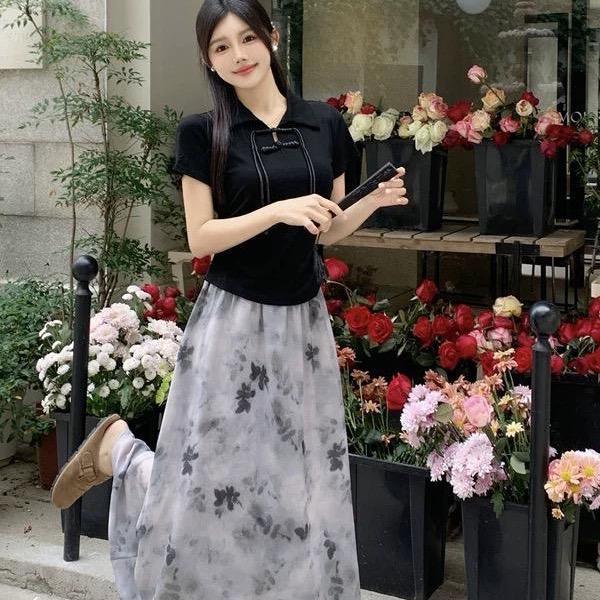 Setelan Atasan dan Rok Gaya Chic Monokrom Floral Wanita Baju Dewasa Casual vintage cottagecore gaun