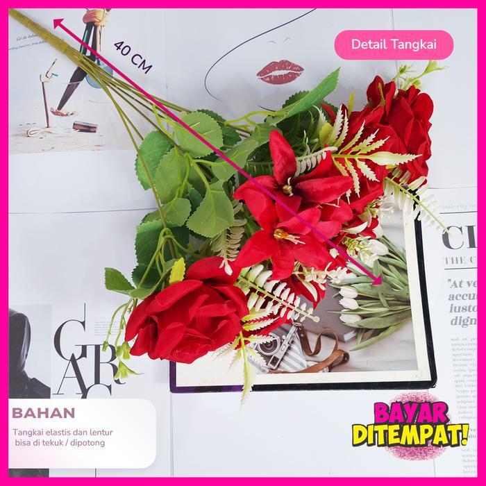 Bunga Mawar Hitam Jumbo Import 7 Cabang/Buket Mawar Palsu/Bunga Hias Dekorasi (KN-429)