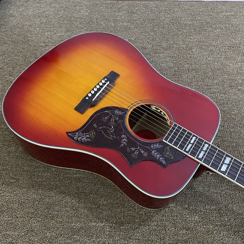 Handmade Cherry red sunburst acoustic guitar with pickup