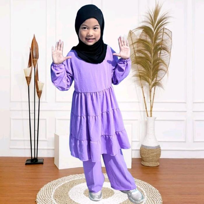 Setelan Baju Tunik Celana Panjang Polos Anak Perempuan//Setelan Muslim One Set Tunik Aurel Bahan