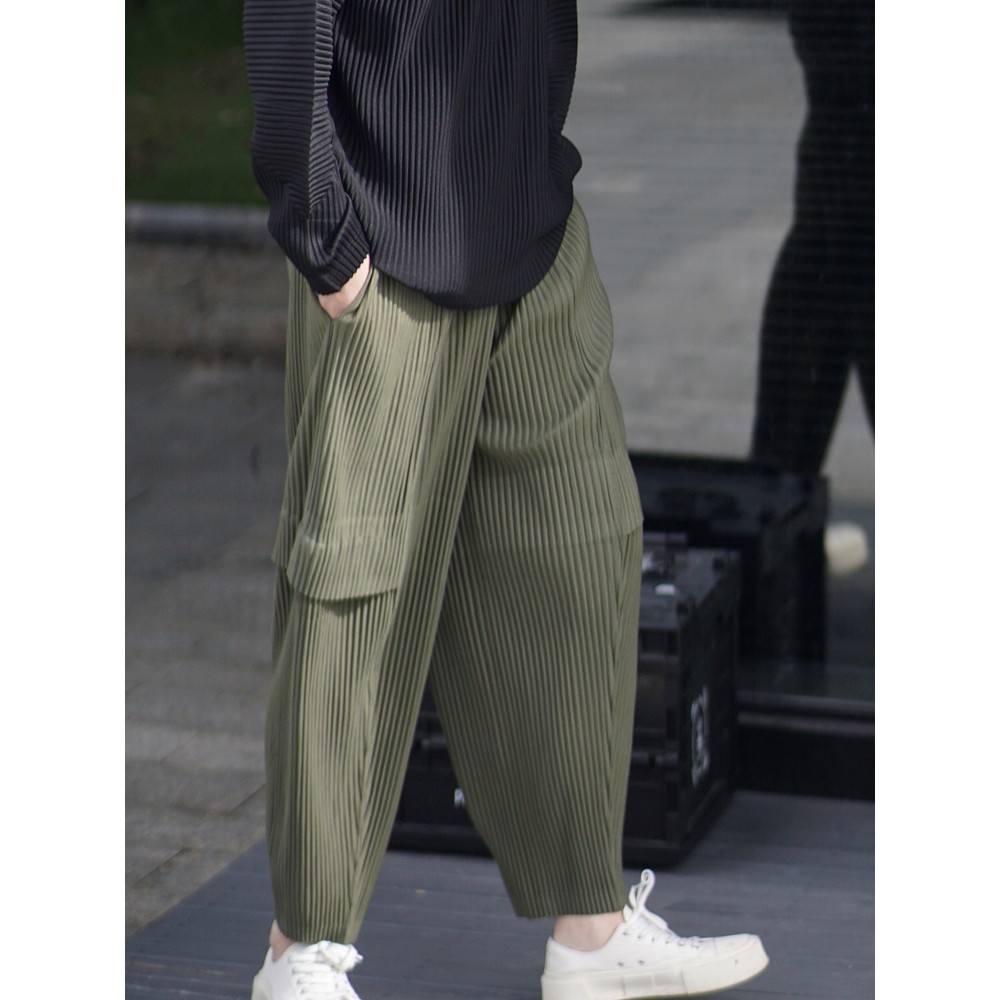 Miyake Pleated Man Loose Cargo Pants Nine-point Pants Fashion Casual Streetwear Miyake Pants