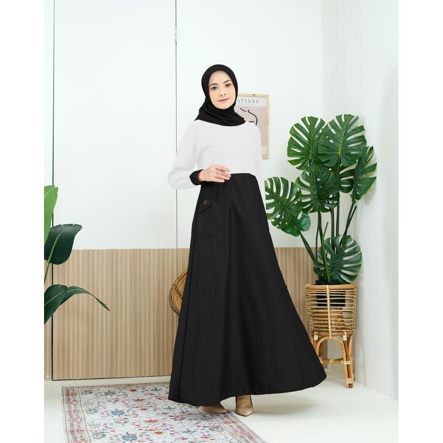 MUSLIFIX- Gamis Seragam Kerja Pns Pdh Kombinasi Hitam Putih Dress Wanita Toyobo Tebal
