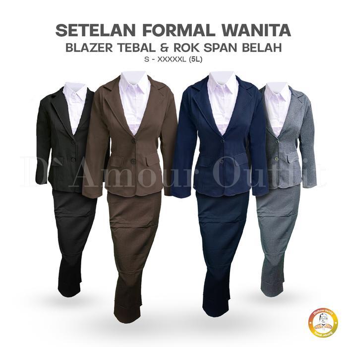 DAMOUR ONE SET BLAZER WANITA ROK SPAN PANJANG BELAH DEPAN SETELAN JAS KERJA KANTOR FORMAL POLOS