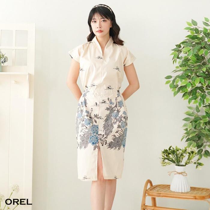 (COD) EVERCLOTH OREL DRESS BATIK SPAN WANITA DRESS BATIK WANITA JUMBO BATIK COUPLE SARIMBIT CREAM