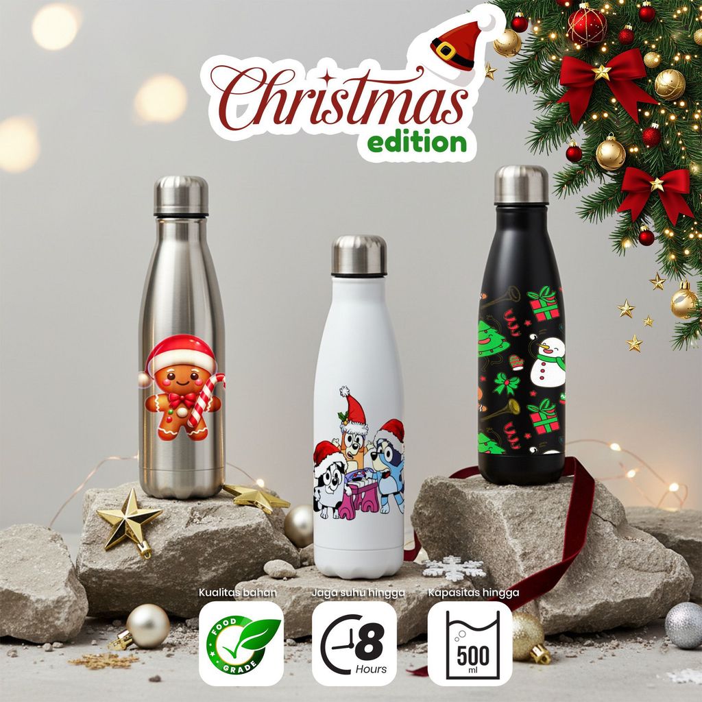 Botol Air Stainless Steel 304 Edisi Natal Kapasitas 500ml Desain Karakter Lucu Sinterklas & Snowman 