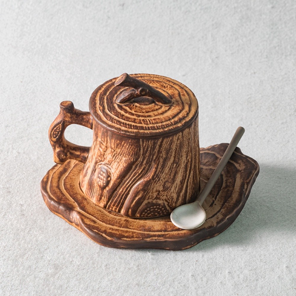Mug Tree Stump Shape Coffee Cup Saucer And Spoon Set Ceramic Mug With Lid 255ML Reusable Drink Cup