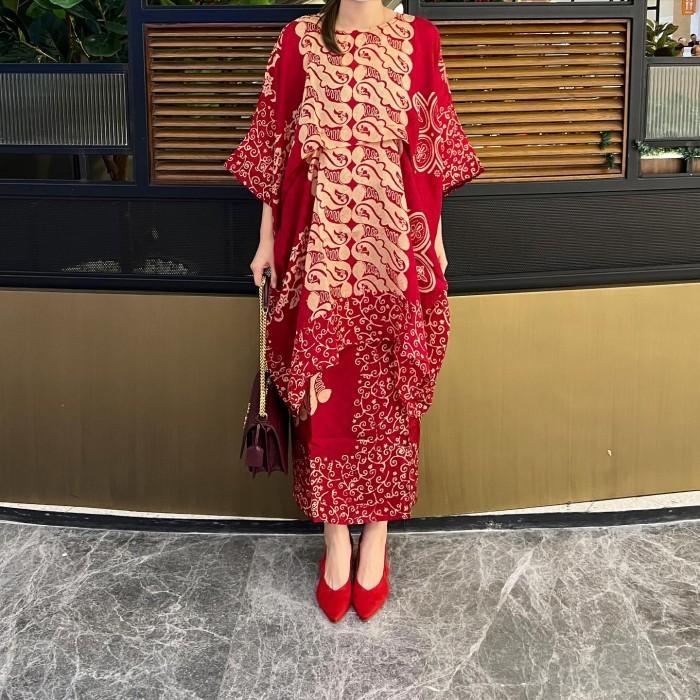 Lausboutique-Dania Set-Red Series-Oneset Batik Natal Fit Lilit Panjang Tunik Viscose Wanita Setelan