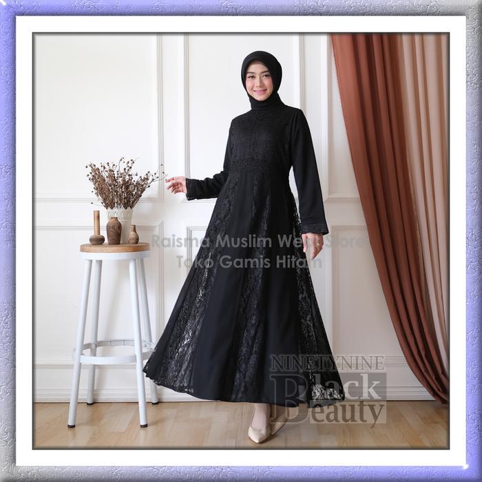 TERMURAH Gamis Hitam Pecah 8 Kombinasi Brokat NInetynine BLACK BEAUTY