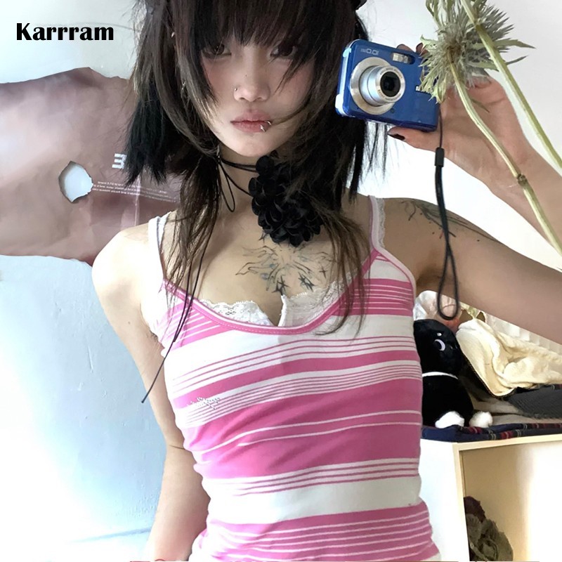 Karrram Y2K Aesthetics Camisole Japanese Harajuku Cami Top 2000S Crop Top Fairycore Striped Tank Top