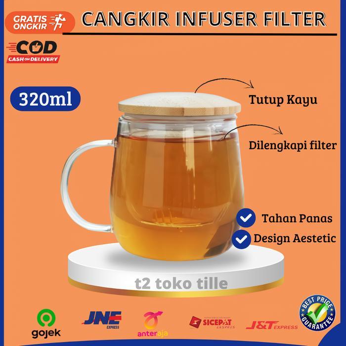 SALE Gelas Kaca Cangkir Saringan Teh Rempah Mug Infuser Rempah 320 Ml Termurah