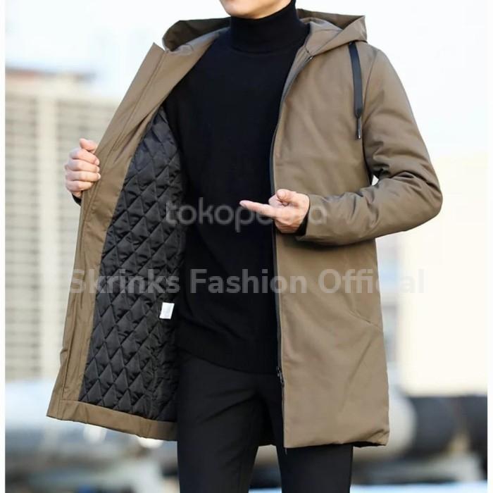 Jaket Long Coat Hoodie Pria Cream M