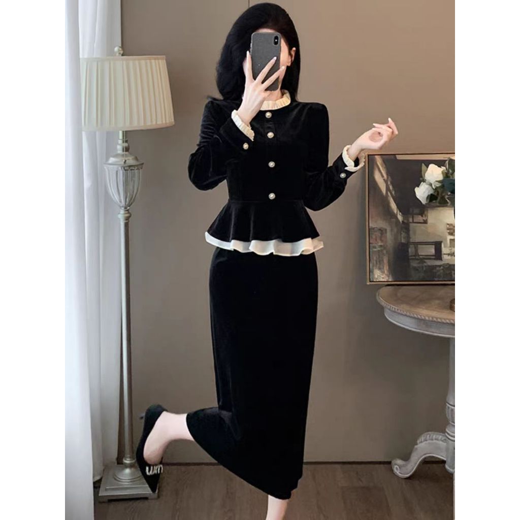 Blus Wanita Klasik Elegan Lengan Panjang Warna Hitam untuk Gaya Kantor, Bahan Polyester, Ukuran S-3X
