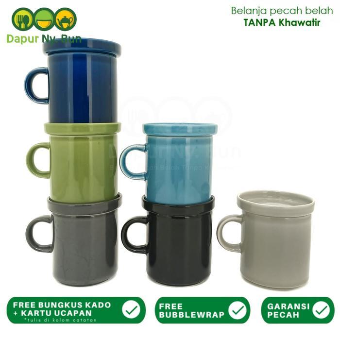 Mug Tutup Coaster Warna Polos 240ml Stackable Keramik