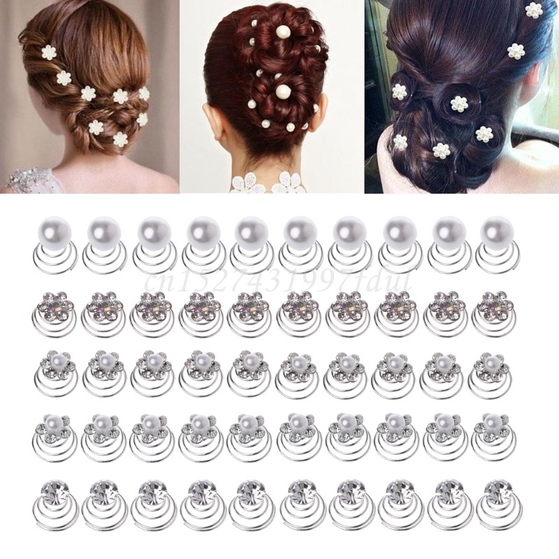 10Pcs Bridal Wedding Pearl Flower Hairpins Swirl Spiral Twist Tiara Hair Jewelry