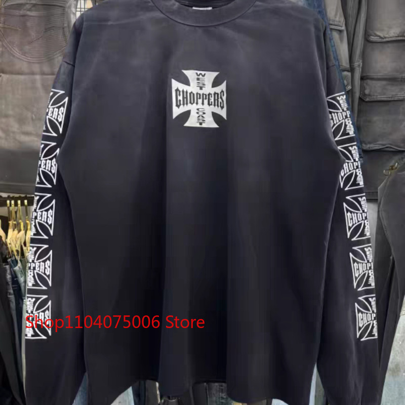 Mens West Coast Choppers Cross Print Loose Pullover Vintage Washed Long Sleeve Casual T Shirt