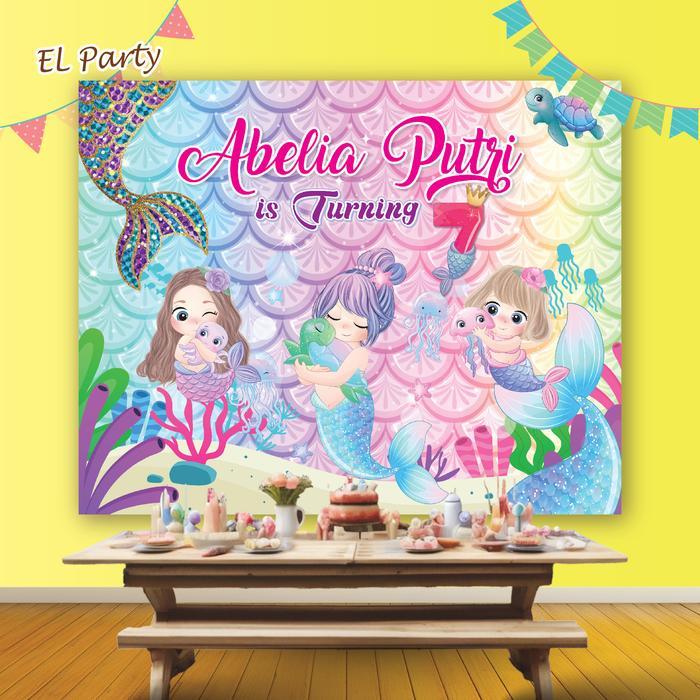 ASLI Banner Ulang Tahun MERMAID DUYUNG Spanduk Ultah Kostum Karakter Background Backdrop Dekor