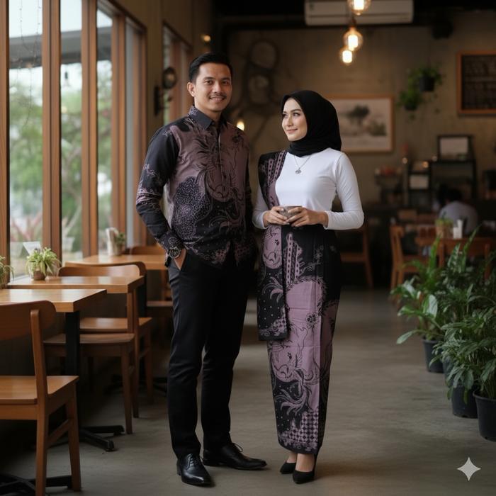 (COD) GALERI BATIK ARDEV - COUPLE SARIMBIT ROK & KEMEJA SLIM FIT WARNA UNGU BAHAN KATUN MOTIF