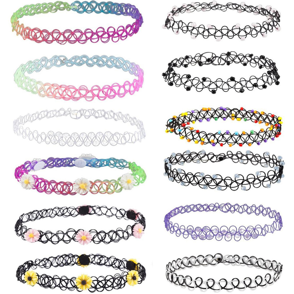 12Pcs Vintage Stretch Choker Necklace Lady Girl Tattoo Choker Necklace Rainbow Elastic Necklaces For