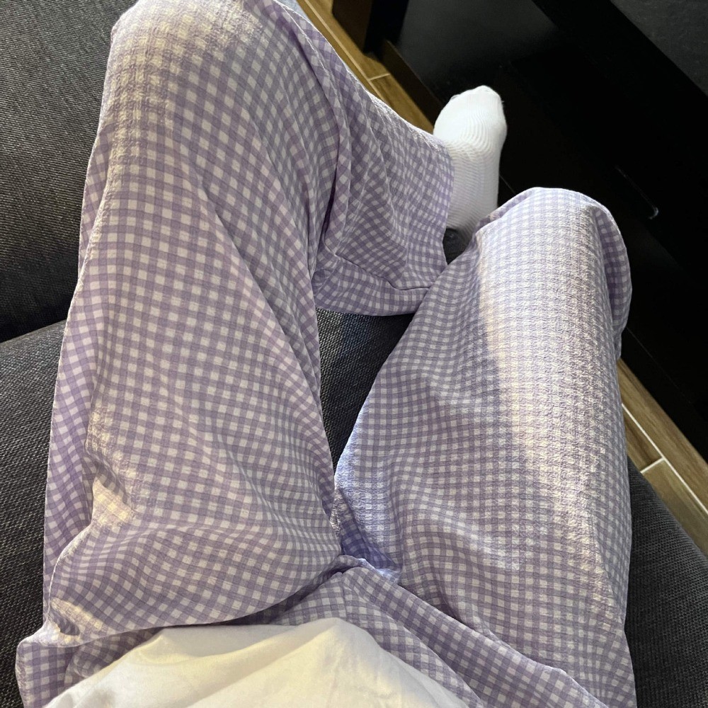 Soft Stripe Plaid Casual Pants Women Wide Leg Pajamas Sweet Trousers High Waist Nightwear Baggy Home