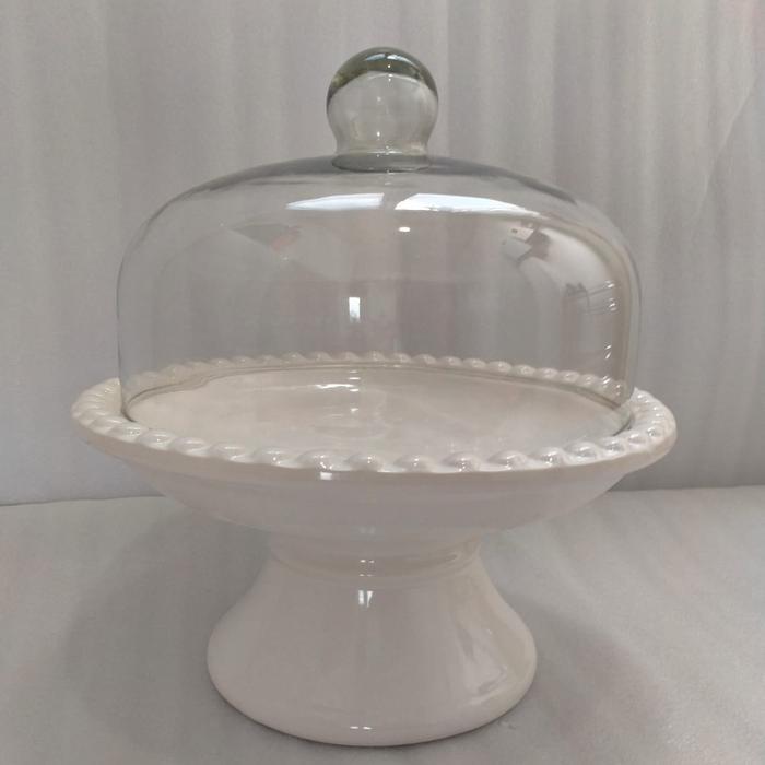 ceramic cake stand with glass cover tempat kue tutup kaca besar Promo Premium