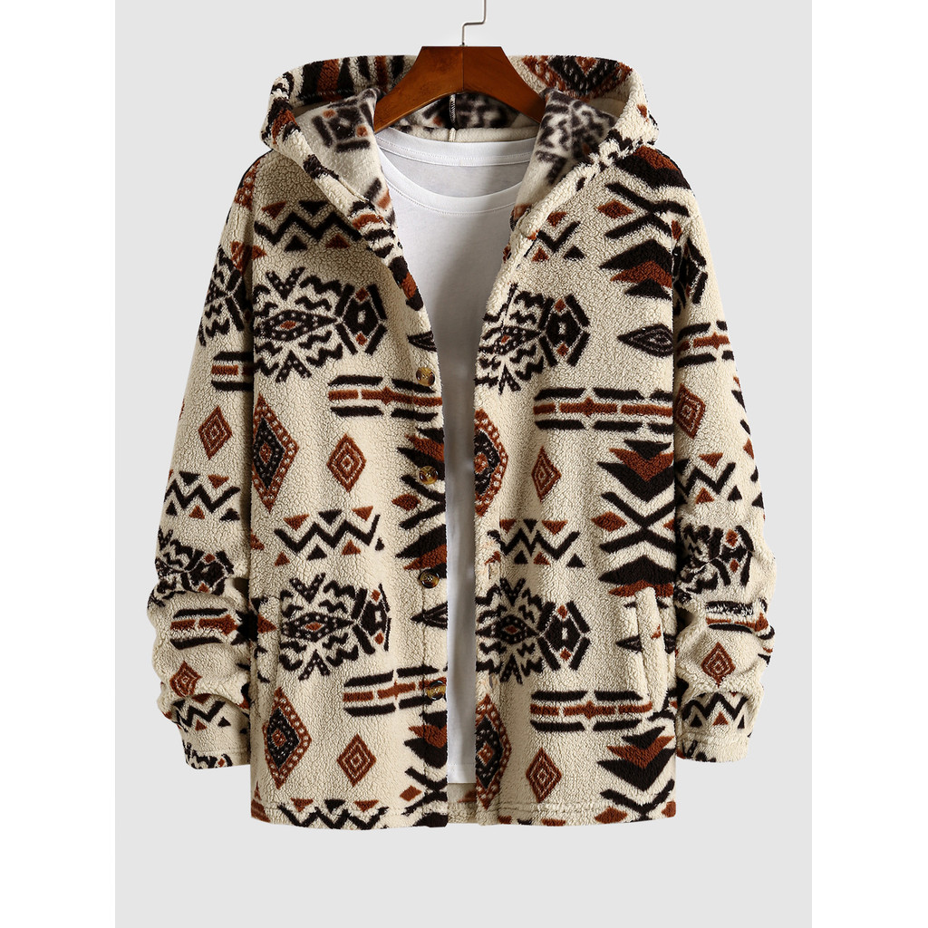 Men's Coat Jacket Hooded Ethnic Style Pockets Tribal Geo Aztec Printed Fluffy Teddy Coat Fall Winter