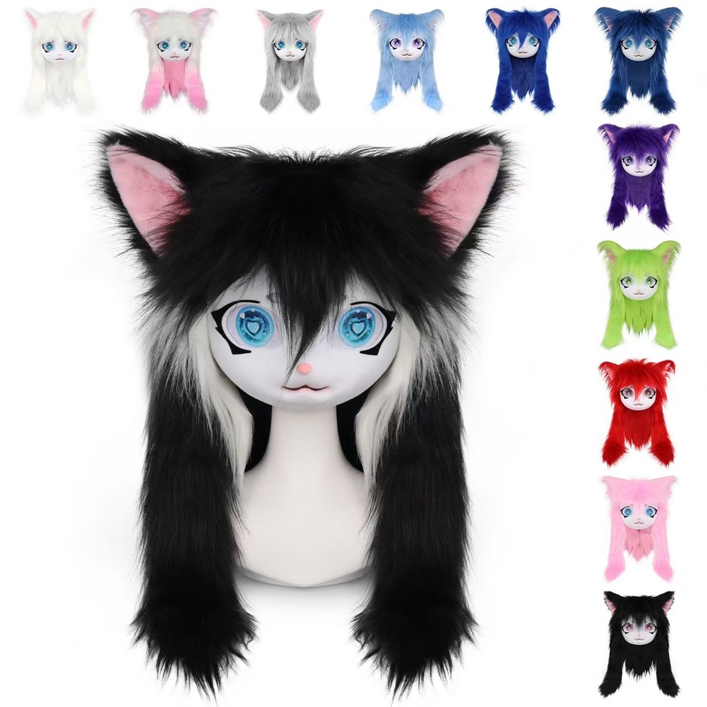 Animal Head Cat Fursuit Cut Mask Halloween Masquerade Cosplay Costume Pro